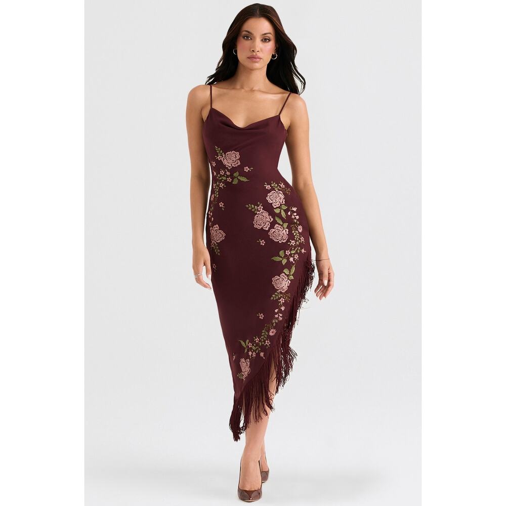 House of CB Eloisa wine embroidered midi dress